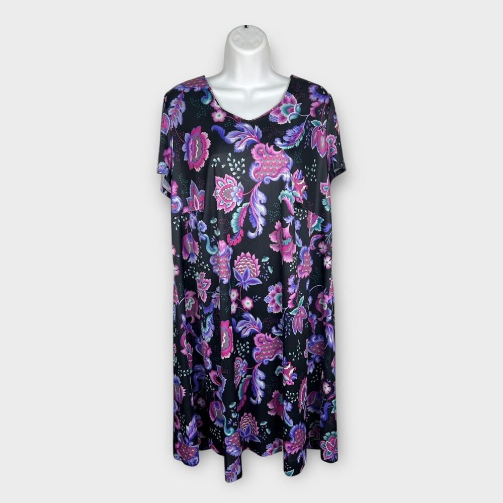 Vintage Floral Muumuu House Dress Satin‎ V Neck Purple Black Large